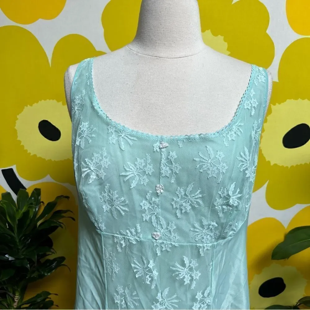 Dreamy 1950s Mint Green Satin Lace Embroidered Slip Lingerie Nightgown - Picture 3 of 9